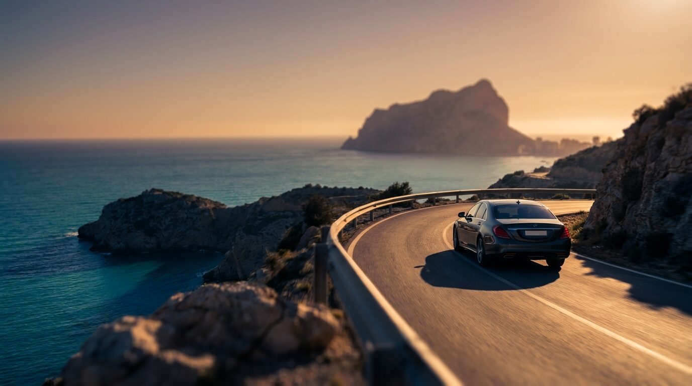 Coche alemán premium importado en la carretera costera de Costa Blanca